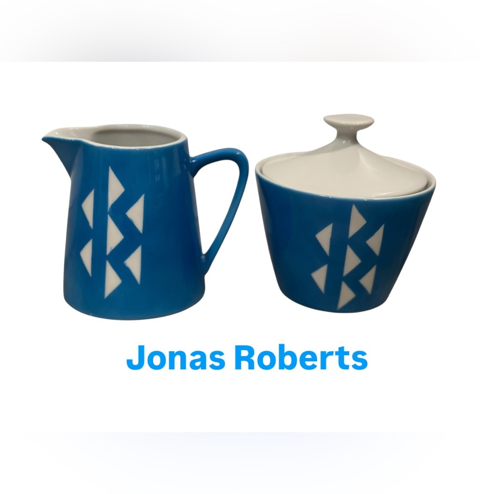 Jonas Robert’s 1970’s mid century Blue and White Ceramic Creamer and Sugar Set